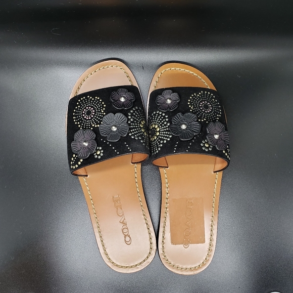 Coach size 5 black Rivet Tea Rose slide sandal - Picture 5 of 10